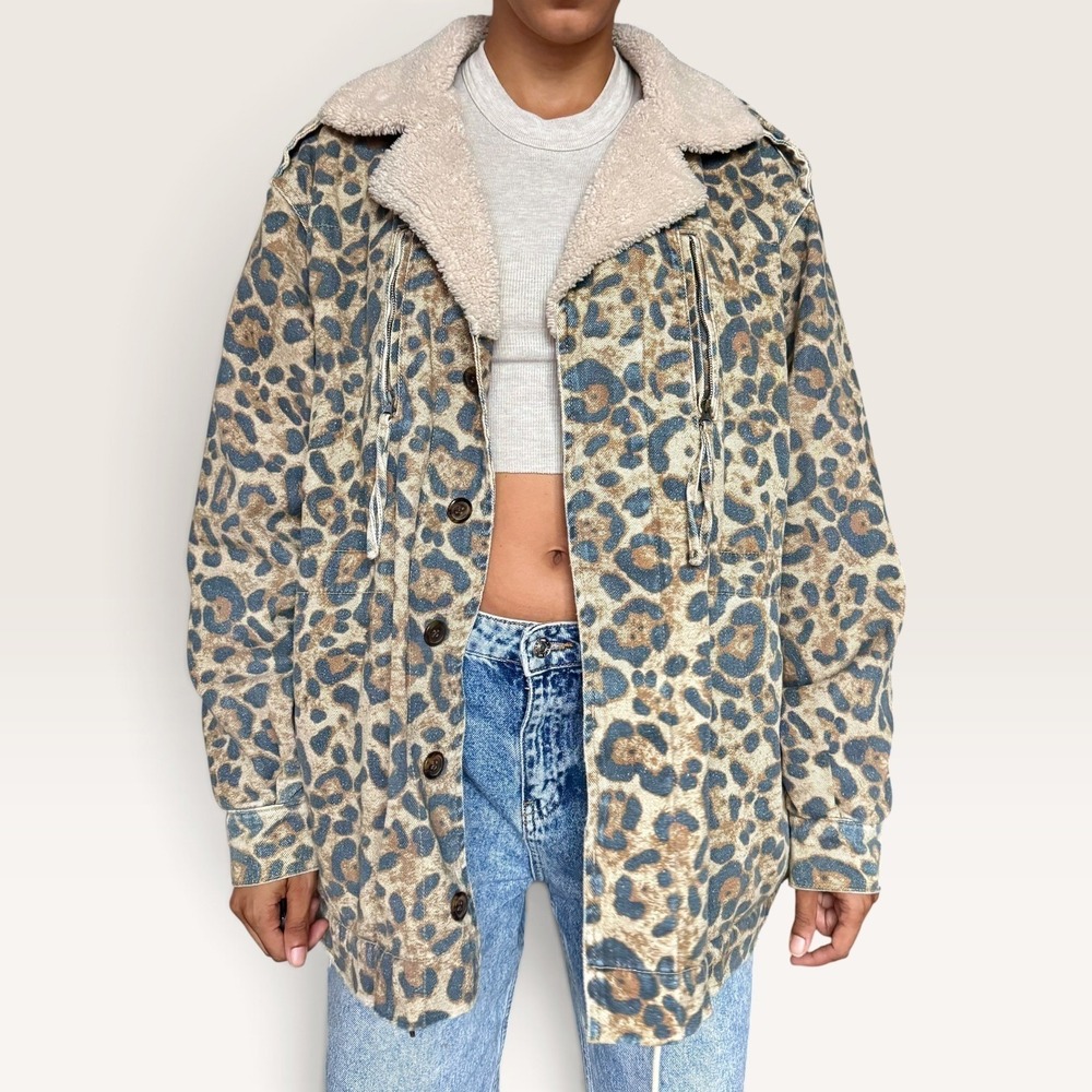 SER.O.YA Leopard Animal Print Fleece Lined Jacket XS/S Oversized Tan Brown